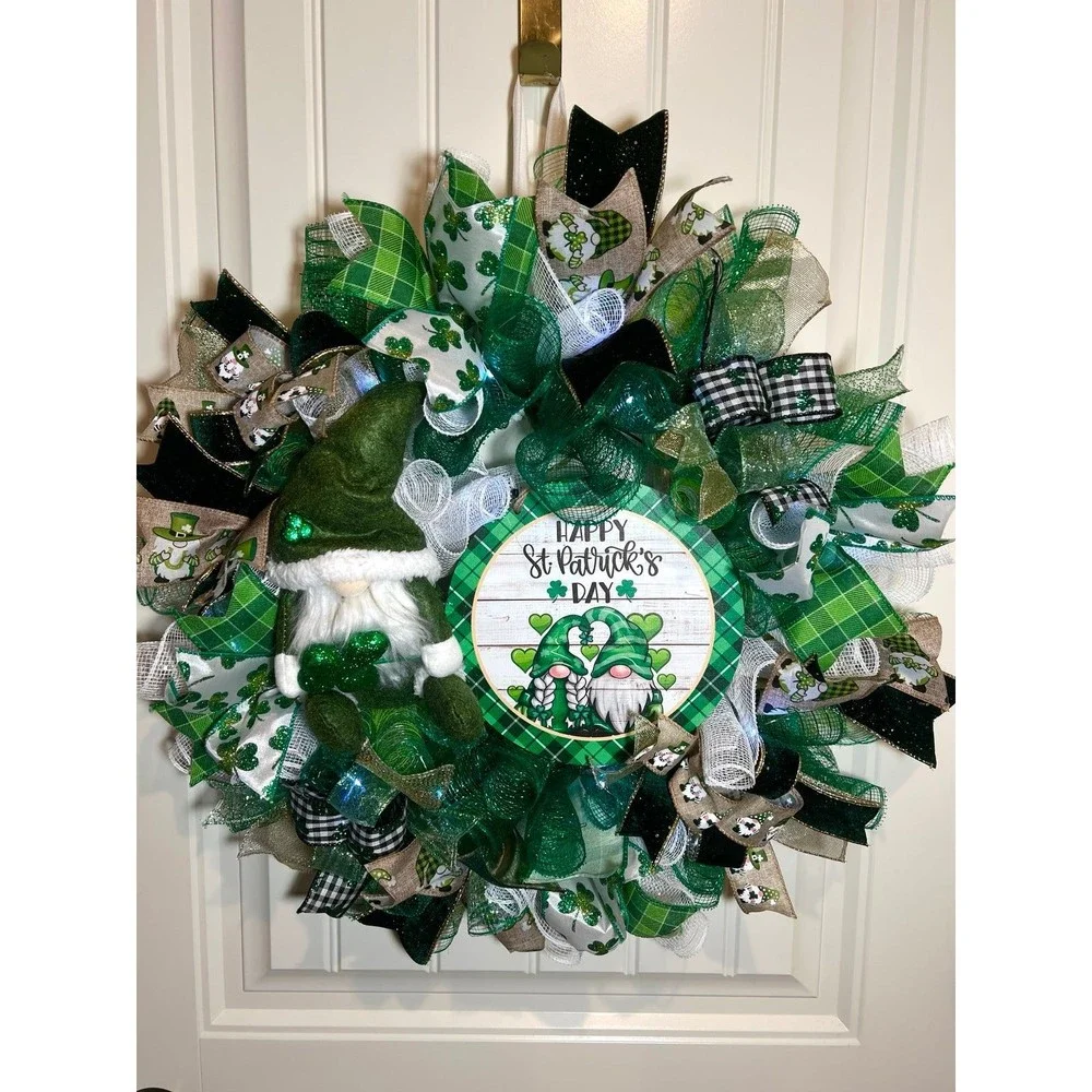 Handmade Happy St. Patrick’s Day Gnome Ribbon Prelit Wreath 22 ins LED W12